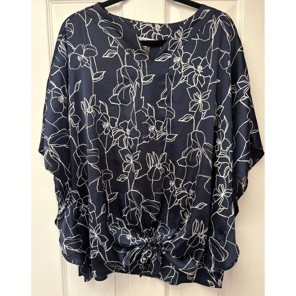 Chicos V Neck Touch Of Cool Navy Floral Tye Front Blouse Size 16 Whimsy Flowy